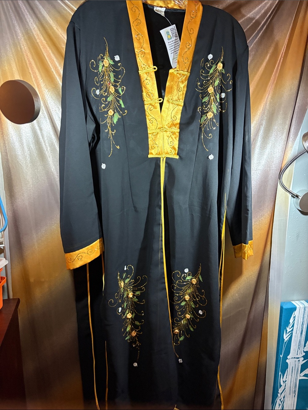 Kashmiri Duster Embroidered Black & Gold threaded Long Robe. NN